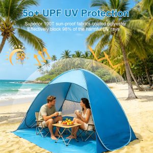 Large 3-4 Person Portable One-Button Pop-Up Outdoor Summer Beach Shade Tent, 360-Degree Surrounding Ventilation, Equipped with 6 Ground Stakes, UPF 50+ Sun Protection, Suitable for Outdoor Camping And The Beach, Family Outings, And Picnics
